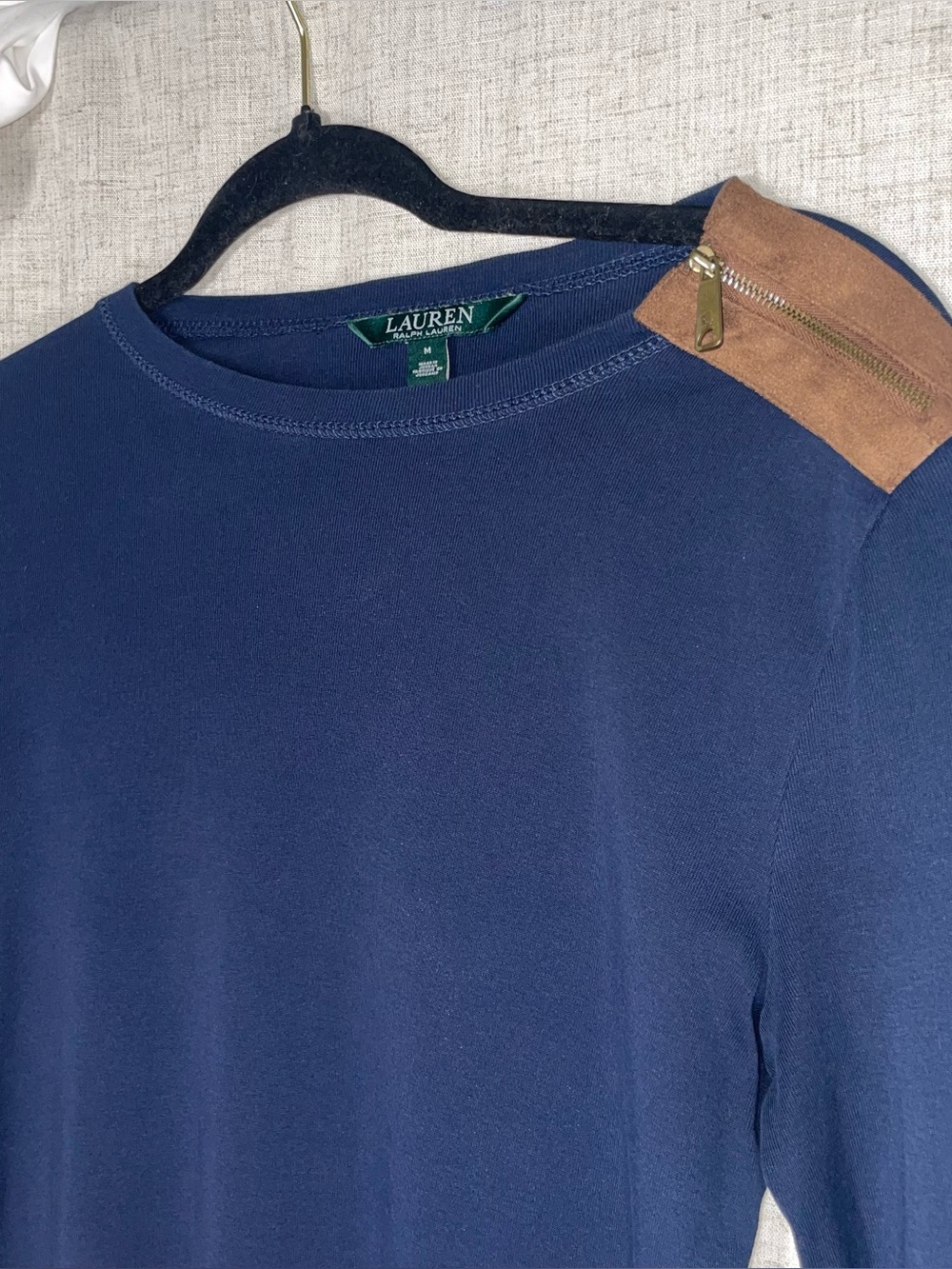LRL Navy Blue Longsleeve Crewneck w/ Suede Shoulder Patch 100% Cotton Size M - Picture 4 of 10